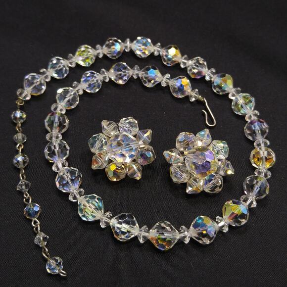 Vintage AB Crystal Beaded Necklace & Clip Earring Set - Picture 10 of 10